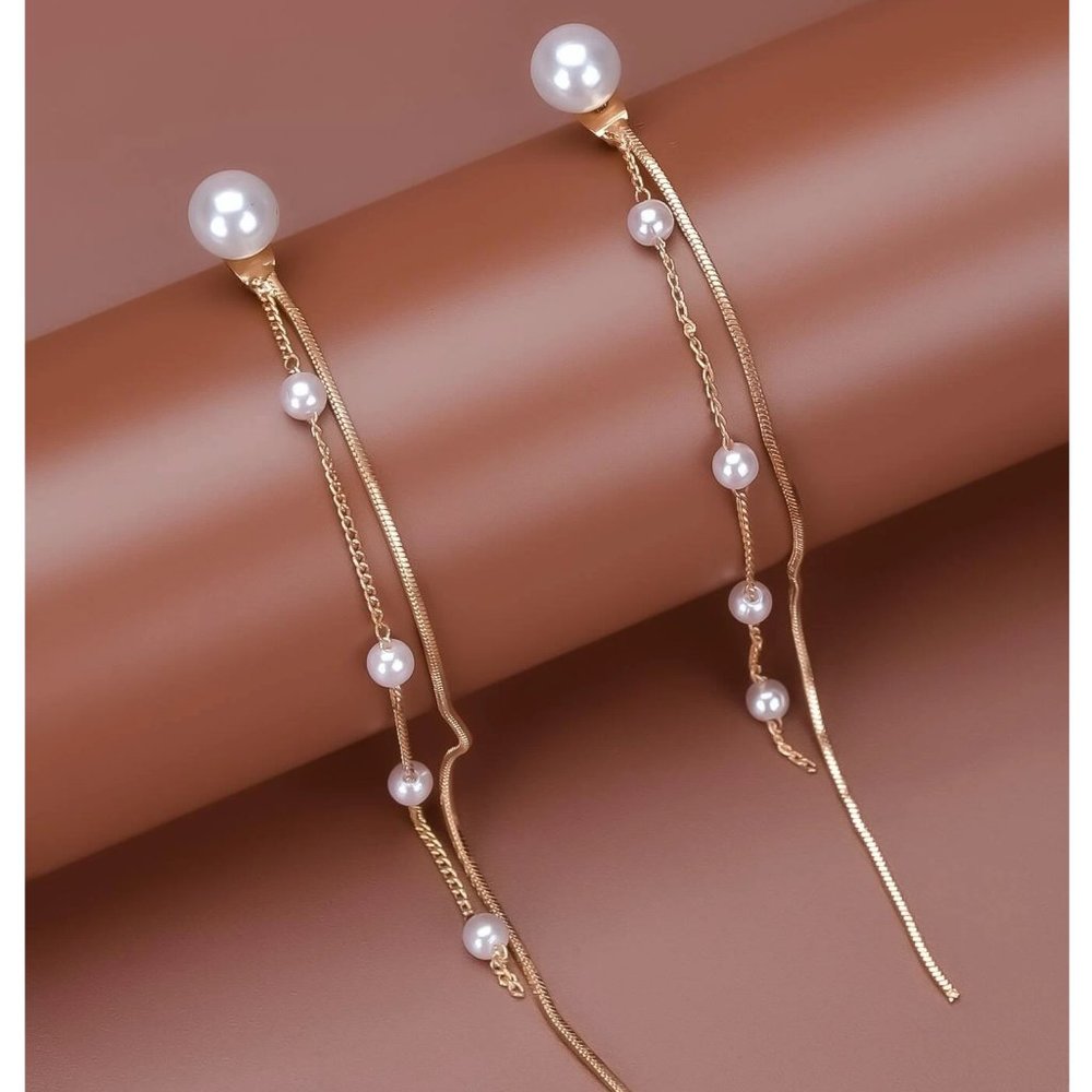 🌟 New 🌟 Elegant Faux Pearl Decor Long Strip Drop Earrings